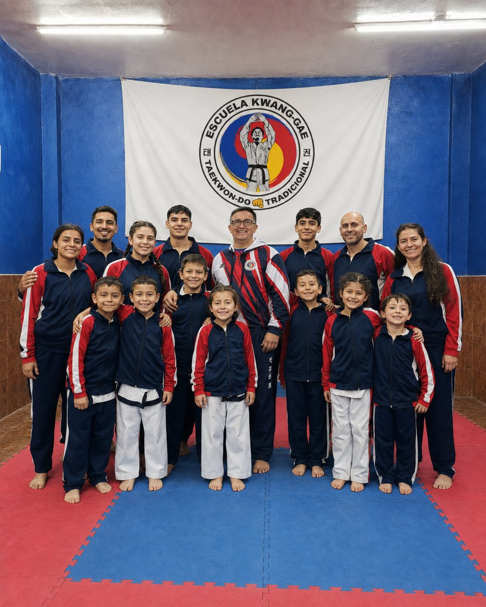 Alumnos, niños, adultos e instructor de la Escuela Kwang-Gae reunidos en el dojo